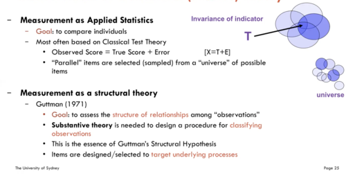 Measurement as applied statistics
- Goal to compare individuals
- Most often based on Classical Test Theory


Measurement as a structural theory
Guttman (1971)
- Goal: to assess the structure of relationships among 'observations'
- Substansive theory is needed to design a procedure for classifying observation
- This is the essence of Guttman's Structural Hypothesis
- Items are designed/selected to target underlying processes