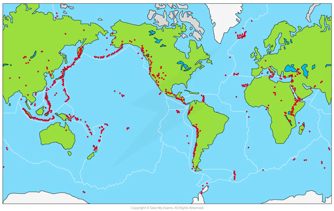 <p>most volcanoes occur at constructive &amp; destructive plate boundaries. most (~75%) are located around the pacific ring of fire</p><p>hotspots occur away from plate boundaries</p>