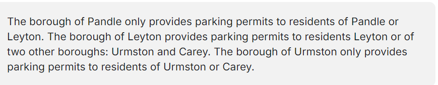 <p>Levi is a resident of Carey. He is elidgible for a parking permit from both Urmston and Leyton</p><p>Yes/ No</p>