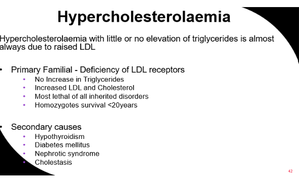 <ul><li><p>high LDL (cholesterol)</p></li><li><p>high VLDL (TG)</p></li></ul><p></p>