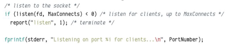 <ul><li><p><code>#include <sys/socket.h></code></p></li><li><p>listen for socket connections and limit the queue of incoming connections</p></li><li><p><code>int listen(int socket, int backlog);</code></p></li><li><p><strong>socket</strong> - file descriptor</p></li><li><p><strong>backlog</strong> - limits the number of outstanding connections to a socket’s listening queue</p></li></ul><p></p>