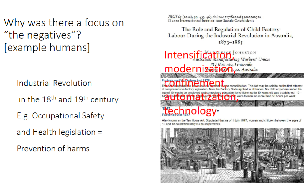 <p><strong>Industrial Revolution</strong><br> Occurred in the 18th and 19th century<br> Led to <strong>intensification, modernization, confinement, automatization, technology</strong> in human work and animal management</p><p><strong>Prevention of Harms</strong><br> Example in humans: <strong>Occupational Safety and Health legislation</strong><br> Focus was on avoiding <strong>injury, pain, and suffering</strong> rather than promoting positive experiences</p>