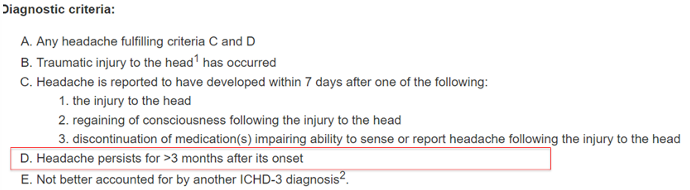 <p>Symptoms: Dizziness, fatigue, reduced concentration, memory loss, insomnia, anxiety, personality changes</p><p>Time frame: HA <u>more than 3 months</u> caused by <u>trauma </u>to the head</p>