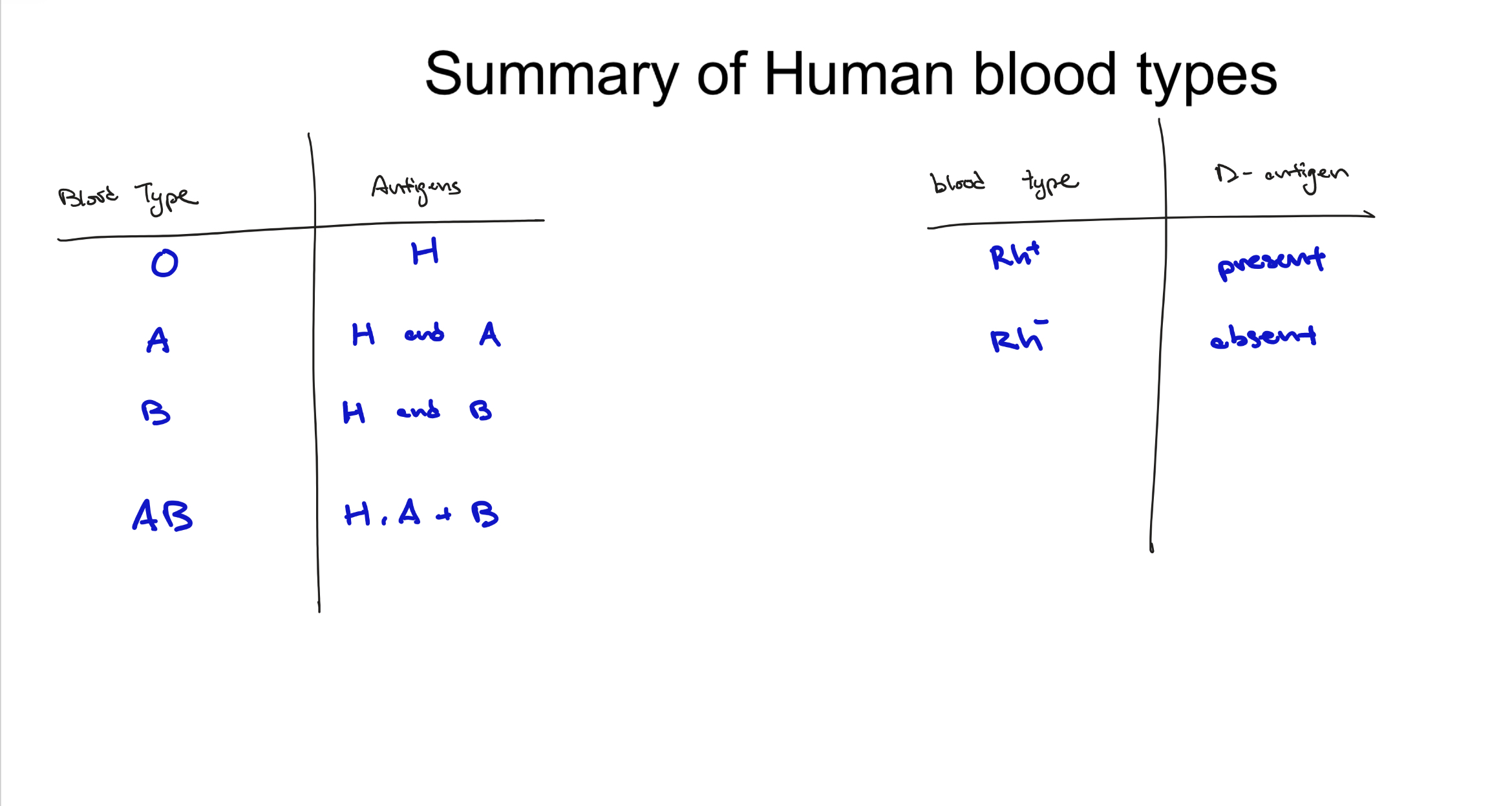 <p><strong>glycolipid</strong><br>Everyone has one or more of:</p><p>A-antigens</p><p>B-antigens</p><p>H-antigens</p><p><strong>Integral membrane protein</strong><br>Most, but not all, people</p><p>have D-antigen proteins</p>