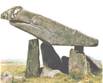 <p>Tomb of standing stones usually capped with a large horizontal slab</p>