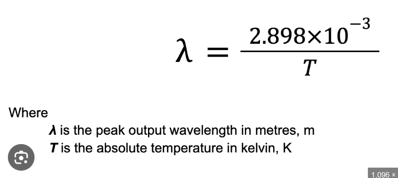 <p><span><span>Wien's displacement law states that </span></span><strong><mark data-color="rgba(0, 0, 0, 0)" style="background-color: rgba(0, 0, 0, 0); color: inherit;">the peak wavelength of a blackbody's radiation is inversely proportional to its absolute temperature</mark></strong></p>
