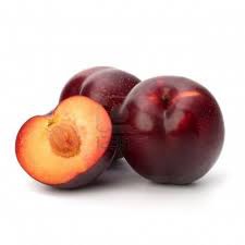 red-deep red-royal purple skin. The skin has a waxy appearance, although it is quite thin. Inside is a yellow-brown colored fruit with a large pit. The plum is round-shaped with a stripe-shaped indentation down the side. They typically have a short brown stem attached, sometimes with a green leaf or two.
