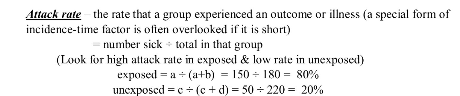 <p>The rate a group experienced an outcome or illness</p><ul><li><p>= number sick/total in that group</p></li><li><p>Look for high rate attack and low rate in unexposed</p></li></ul>