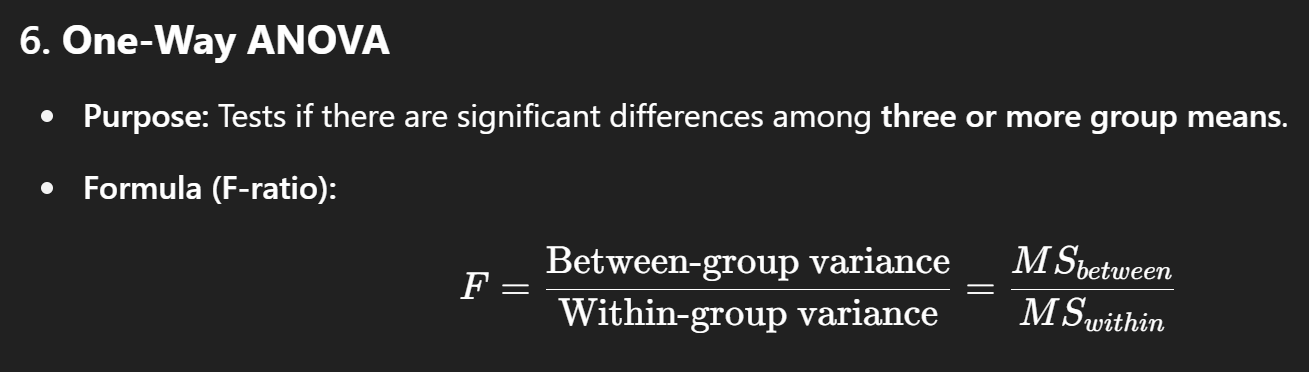 <ul><li><p>sort t-test for more variables</p></li><li><p><strong>Between-group variance</strong>: How much group means vary <strong>from the overall mean</strong></p></li><li><p><strong>Within-group variance</strong>: How much values <strong>within each group</strong> vary from their own group mean</p></li></ul><p></p>