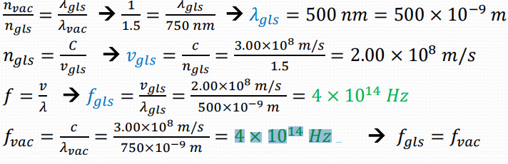 <p>500 × 10−9 𝑚, 2.00 × 108 𝑚/�,4 × 1014 𝐻𝑧</p>