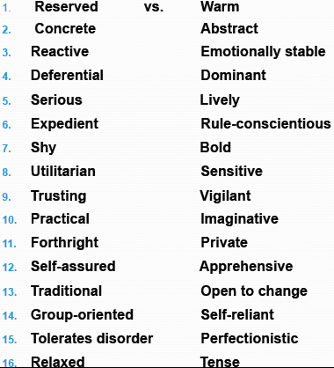 <p>identified 16 surface traits using factor analysis (Trait Theory)</p>