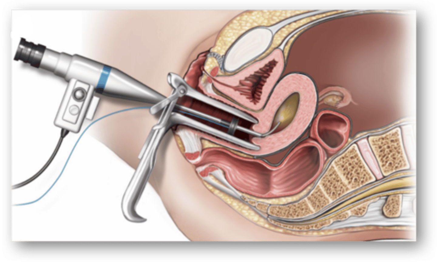 <p>- scope is used to look at inside of cervix</p><p>- can take biopsies, remove polyps, fibroids, tumors</p>