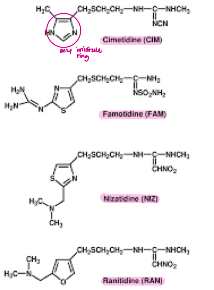 <p>- cimetidine</p><p>- ranitidine</p><p>- nizatidine</p><p>- famotidine</p>