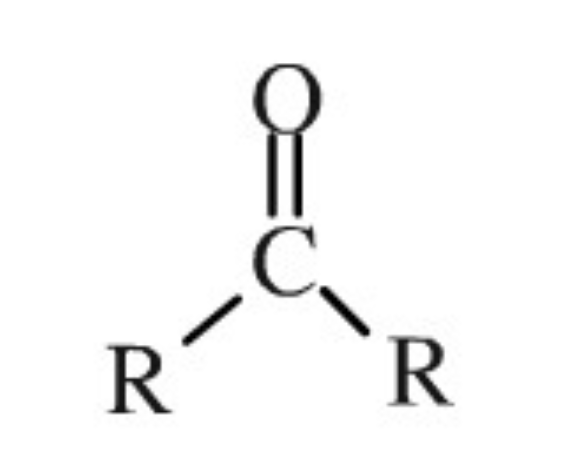 <p>Carbon is double bonded to one Oxygen and has two chains.</p>