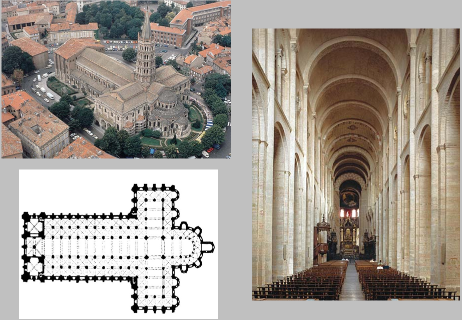 <ul><li><p>Romanesque Architecture</p></li><li><p>Rise of pilgrimages led to changes in the church's design</p></li><li><p>Pilgrimage churches have radiating chapels (which contains relics) and stone barrel vaults</p></li></ul><p></p>