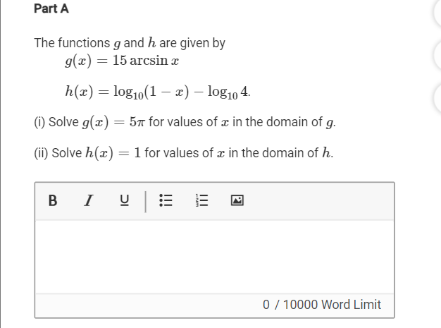 <p><span>(i) Solve&nbsp;𝑔𝑥=5𝜋&nbsp;for values of&nbsp;𝑥&nbsp;in the domain of&nbsp;𝑔.</span></p>