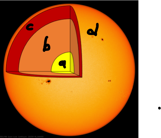 <p>The image shown here illustrates the Sun and its internal structure.</p><p>Which region of the Sun where it generates energy via nuclear fusion?</p>