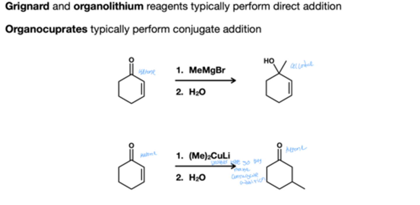 <p>Grignard and organolithium does direct addition</p><p>organocuprate does conjugate addition</p>