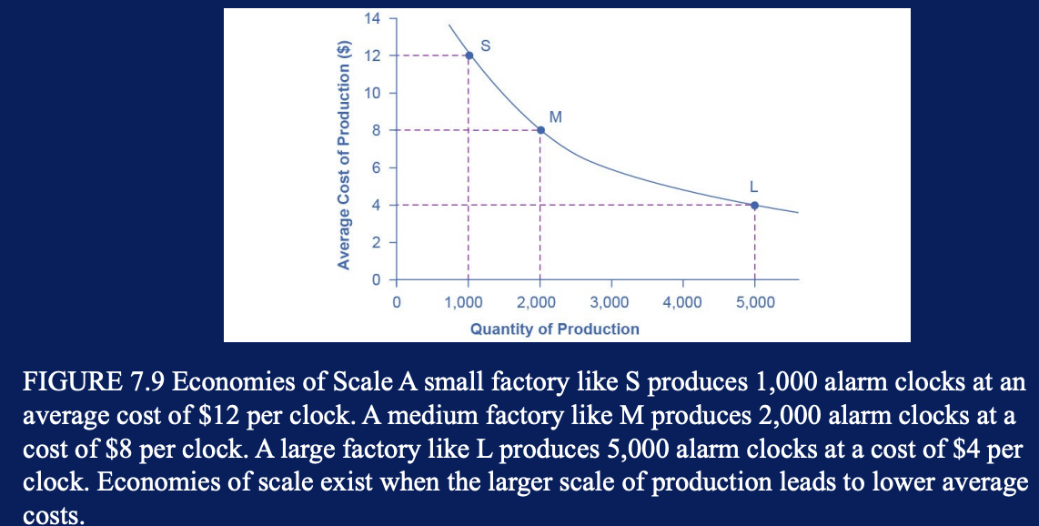 <ul><li><p>the portion of long run avg cost curve that is downward sloping</p></li><li><p>economies of scale may arise from all but govt economic subsidies protect firms from competition to avoid losses</p></li></ul><p></p>