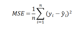 <p>Squared difference between actual and predicted values</p><ul><li><p>n - number of observations</p></li><li><p>yi - observed values</p></li><li><p>^yi - predicted values</p></li></ul><p></p>