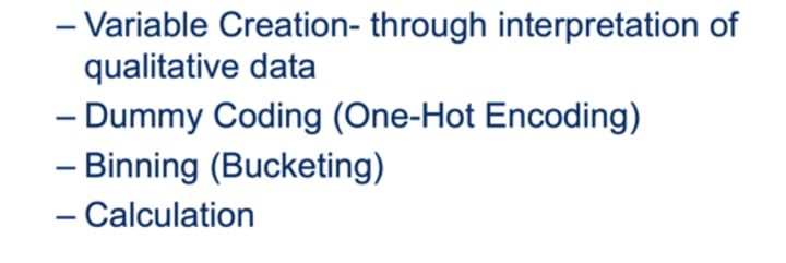 <p>adds to the data by creating a variable from something that already exists <br>- variable creation <br>- dummy coding <br>- binning (bucketing) <br>- calculation</p>