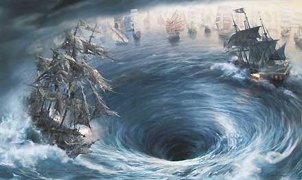 a whirlpool of great size and violence; a situation resembling a whirlpool in violence and destruction