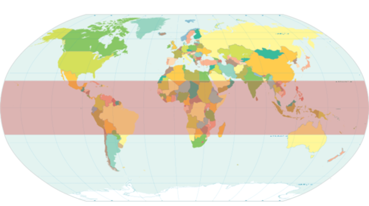 <p>The regions of Earth surrounding the Equator between the Tropic of Cancer in the Northern Hemisphere at 23.43634° N and the Tropic of Capricorn in the Southern Hemisphere at 23.43634° S; the tropics receive sunlight that is more direct than the rest of Earth and are generally hotter and wetter as they aren't affected as much by the solar seasons.</p>