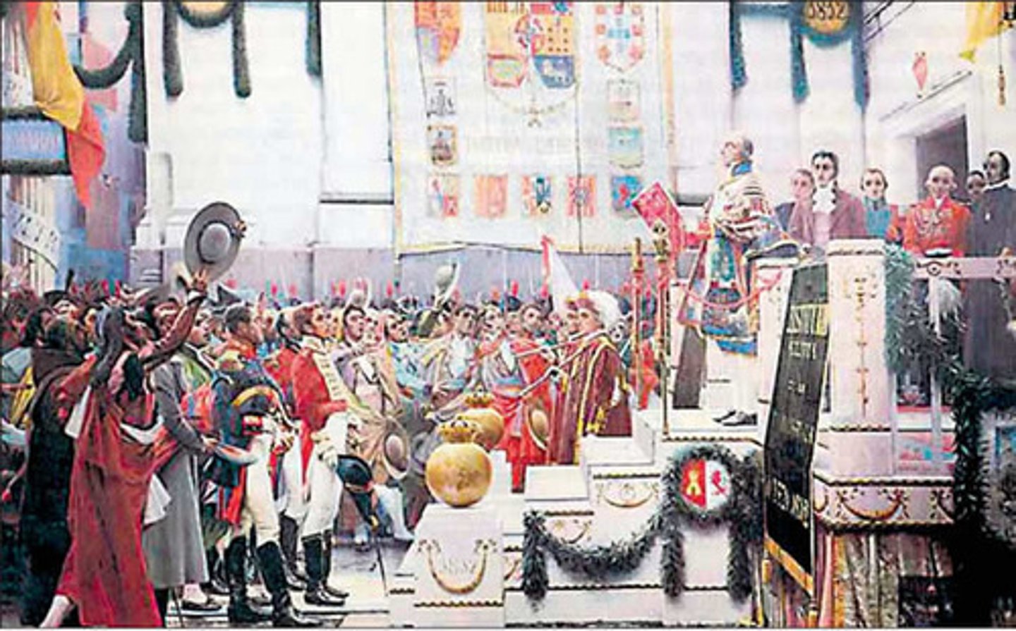 <p>Spain's first national sovereign assembly who created Spain's first constitutional; met during the French occupation of Spain.</p><p>Creation: A reconstituted Spanish government-in-exile, called the Cortes of Cadiz (a parliament), was created and convened in 1810 to rule in Ferdinand VII's name.</p><p>American Representation: 26 representatives were selected from the Americas. It still gave Creoles a formal political say in imperial affairs.</p><p>Core Principles: The Cortes stressed imperial unity, the Spanish language, and the Catholic religion.</p><p>Peninsular Demand: Peninsulares demanded a majority, proposing 1 deputy per 50,000 Spanish inhabitants vs. 1 deputy per 100,000 American Creole inhabitants.</p>