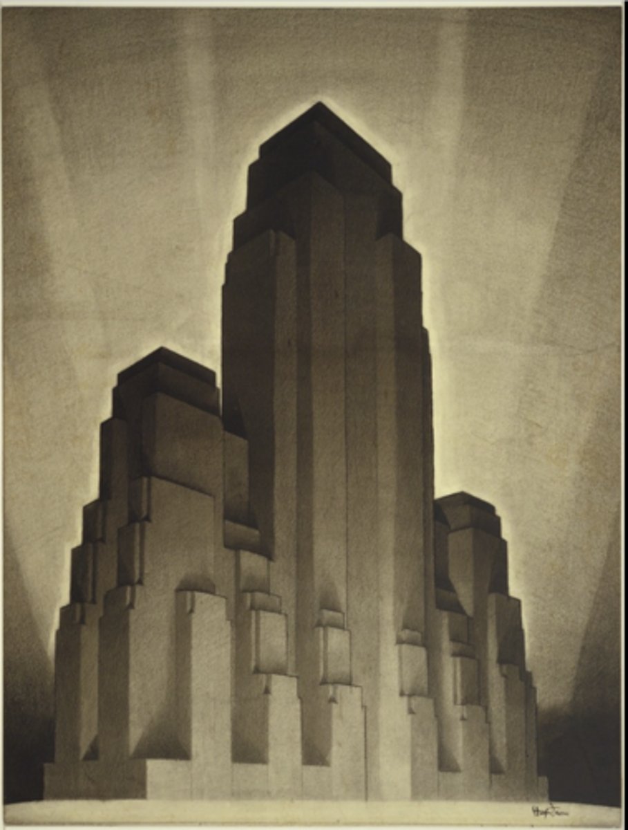 <p>1889-1962 Missouri<br>made massing studies for skylines for the 1916 Zoning Ordinace for NYC Skyscrapers<br>ordinace for buildings to be spaced for cars and sidewalks<br>less weight near the top of buildings</p>