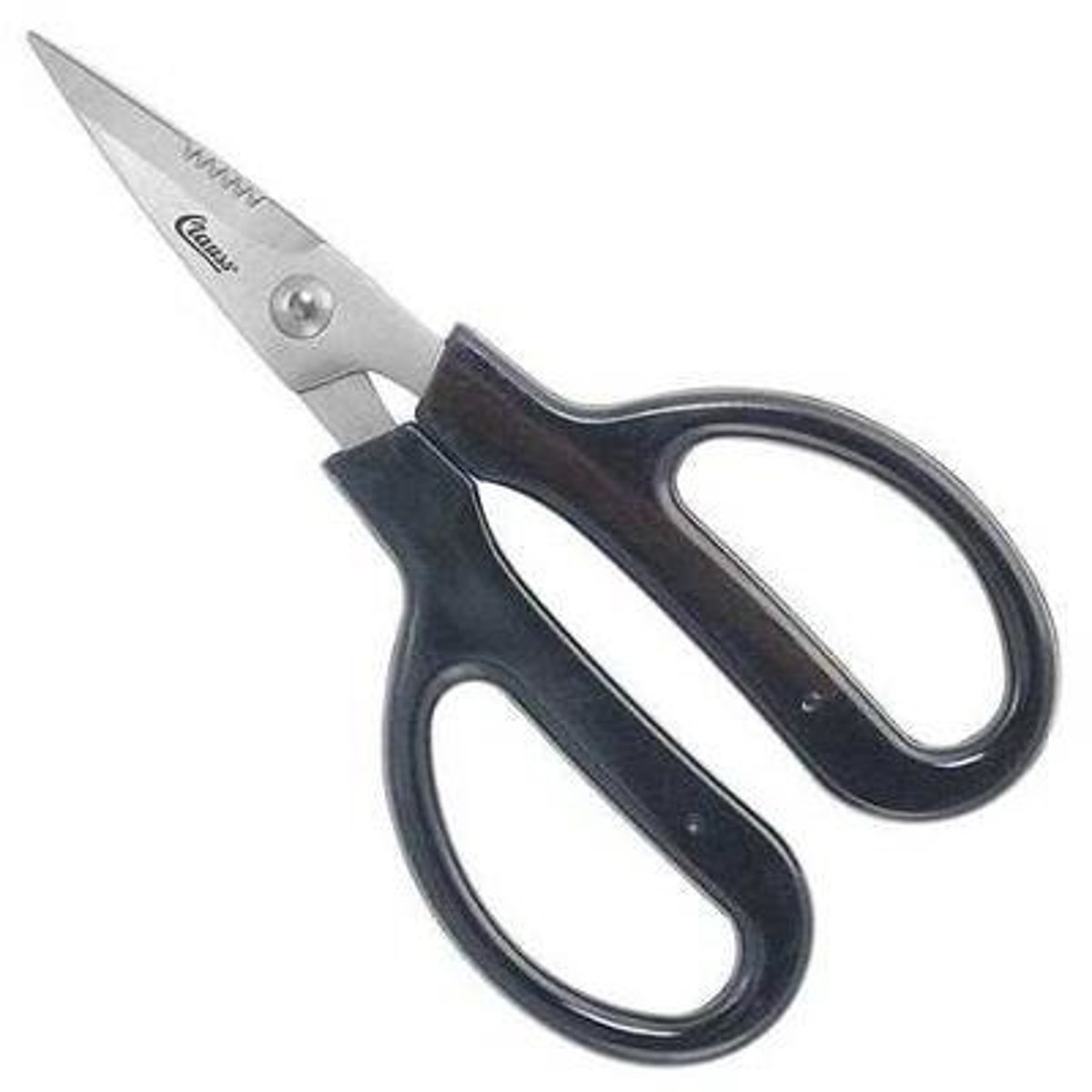 <p>a small scissor with a serrated blade that is used to cut stems</p>