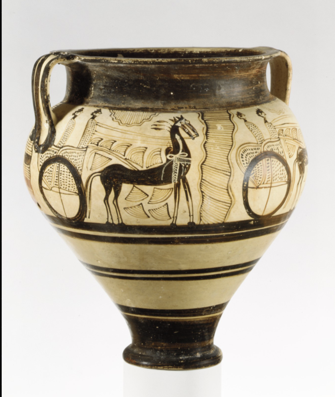 <ul><li><p>Evidence of <strong>chariots and usage</strong> - race is depicted on the krater.</p></li></ul><p></p><ul><li><p>Evidence of <strong>variation in imagery</strong> - chariots and humans ( later period ) </p></li></ul><p></p>