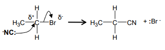 <ul><li><p>NaCN dissolved in ethanol</p></li><li><p>Heat under reflux</p></li><li><p>Nucleophilic Substitution</p></li><li><p>This reaction increases the chain length. In this reaction, 1-bromopropane forms butanenitrile</p></li></ul><p></p>