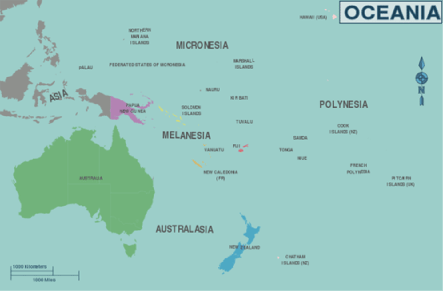 <p>A region of thousands of habitable islands in the Pacific Ocean; Australia, New Guinea, etc. Polynesia is a subregion of Oceania, made up of islands such as Hawaii, New Zealand and Easter Island.</p>