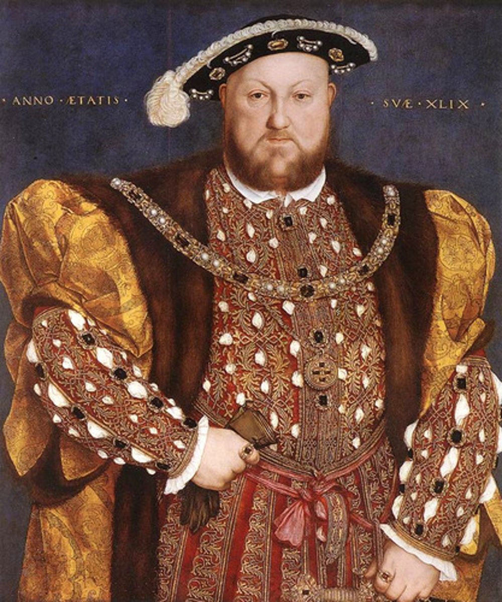 <p>(1491-1547) King of England from 1509 to 1547; his desire to annul his marriage led to a conflict with the pope, England's break with the Roman Catholic Church, and its embrace of Protestantism. Henry established the Church of England in 1532.</p>