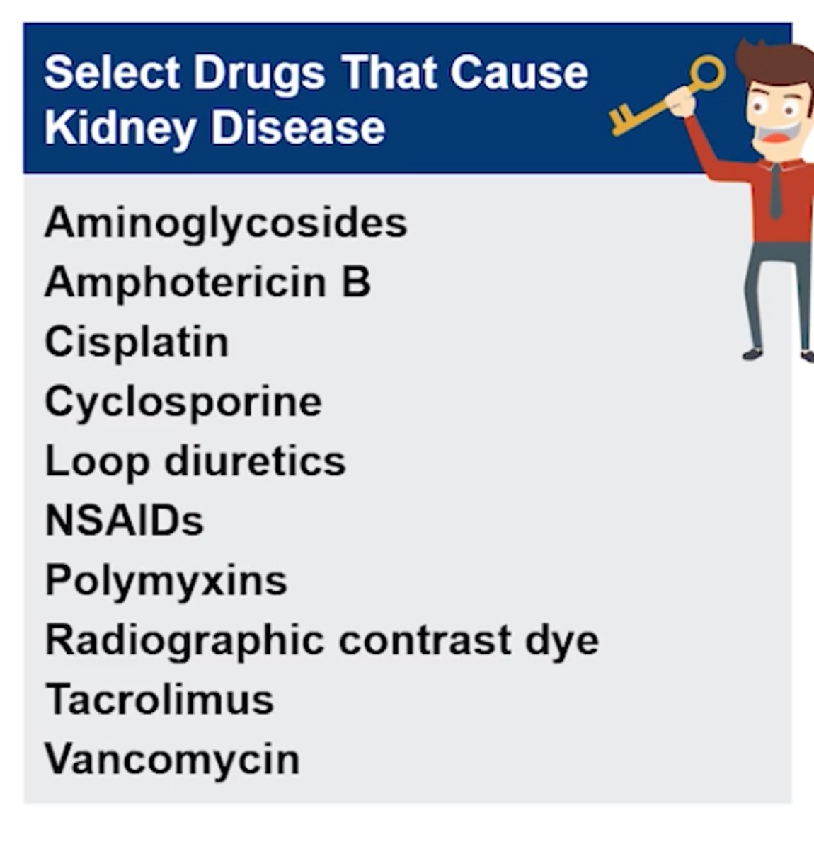 <p>+ Aminoglycosides (Tobramycin, Amikacin, Neomycin, Gentamycin, Streptomycin - TANGS)</p><p>+ Amphotericin B </p><p>+ Cisplatin </p><p>+ Cyclosporine </p><p>+ Loop diuretics (ie: Lasix-furosemide) </p><p>+ NSAIDs</p><p>+ Polymyxins (Colistin, Polymyxin B, depolarizing Daptomycin) </p><p>+ Radiographic contrast dye*</p><p>+ Tacrolimus </p><p>+ Vancomycin</p>