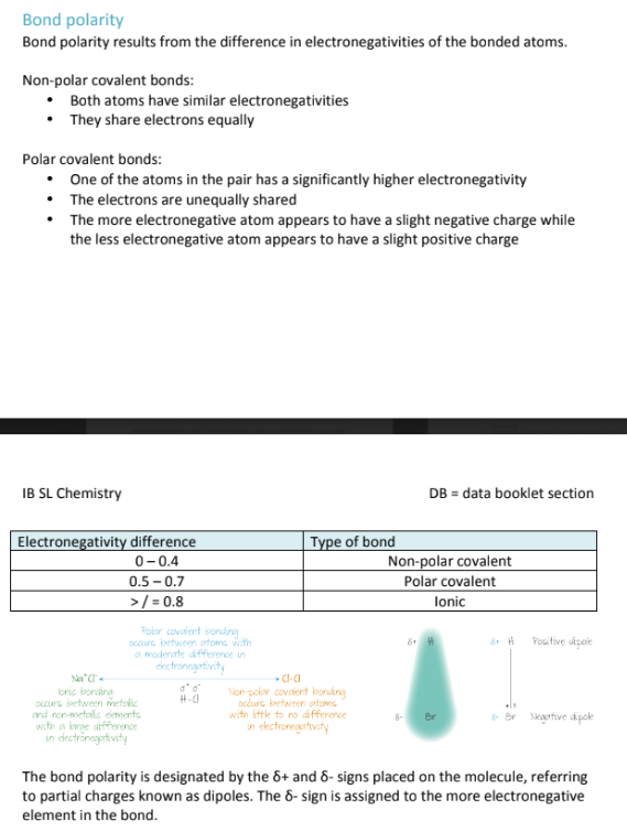 <p>The difference in electronegativity; Polar Covalent bonds have one atom that is more electronegative than the other, resulting in a slightly negative charge on one atom and a slightly more positive charge on the other. Also in polar covalent molecules, the electrons are usually shared unequally, and you tend to see a lot less symmetry.</p>