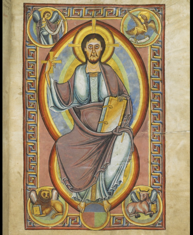 <p>1093-97</p><p>christ enthroned  - frontal, book of life on left, blessing hand on right, on throne/orb, in mandorla, 4 evangelists in corners </p>