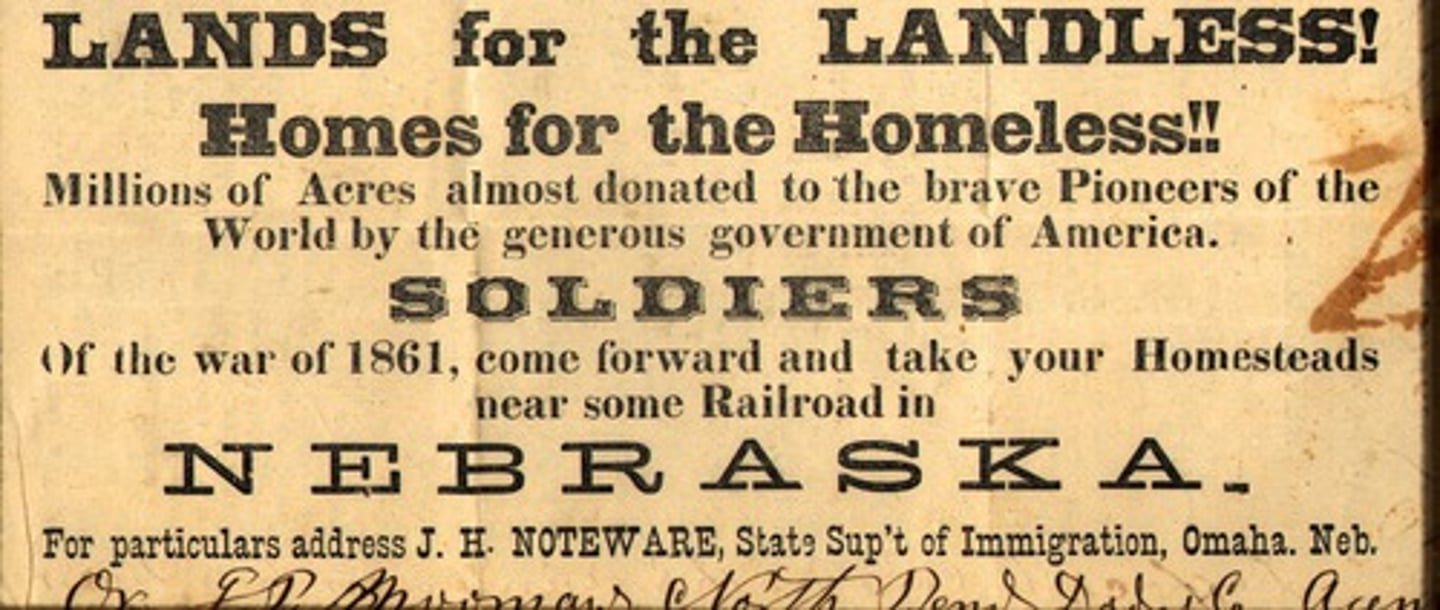 <p>government gave land to westward settlers (from the Great Plains to farther west)</p>
