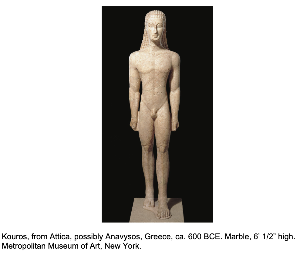 <p>An Archaic Greek statue of a young male, typically nude, standing in a rigid and frontal pose, symbolizing youth and vitality.</p>