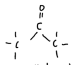 <ul><li><p>org compounds with ketone functional grp where 2 alkyl groups attached to carbonyl C</p></li><li><p>R — CO — R’</p></li><li><p>C<sub>n</sub>H<sub>2n</sub>O</p></li></ul><p></p>