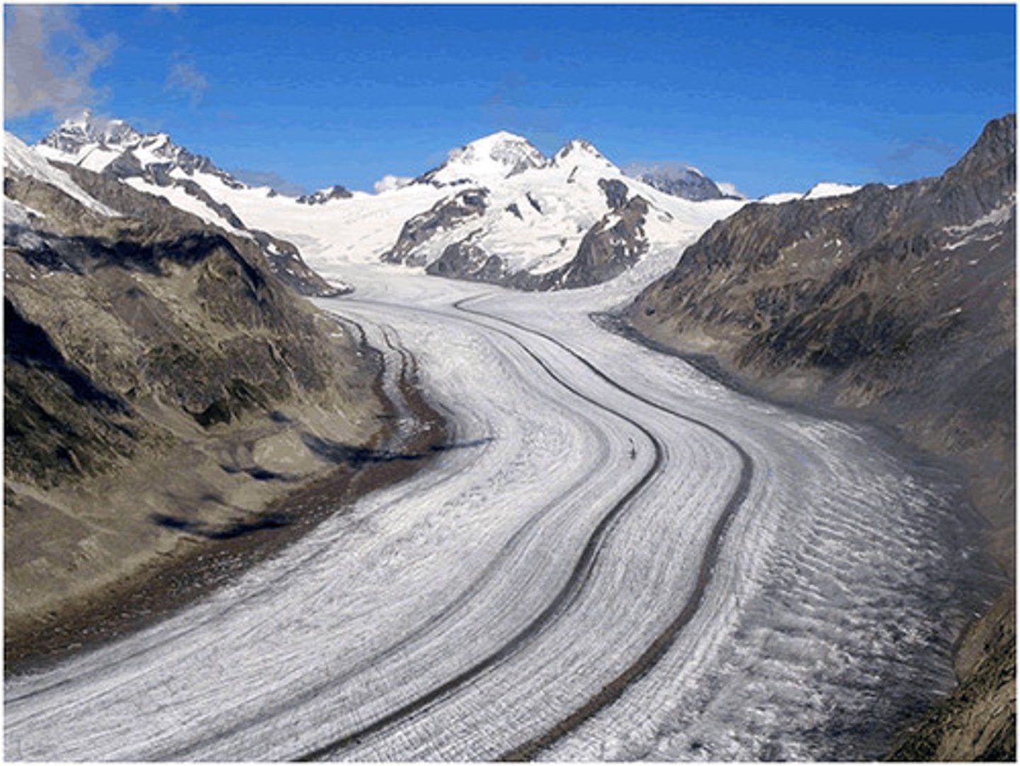 <p>a long, narrow glacier that forms when snow and ice build up in a mountain valley</p>
