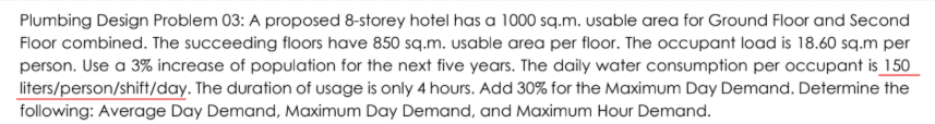 <p>Based on the Plumbing Design Problem No. 3, compute the Average Day Demand.</p>