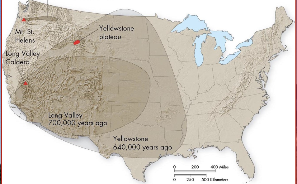 These are the products of *supervolcanoes* and are extremely rare events.

\
They occur when a large volume of magma rises to shallow depths in the continental crust over a hot spot. 

\
The magma is unable to break through the crust; pressure builds until the crust can no longer contain it. 

\
A massive amount of land was covered by ash fall from super eruptions.