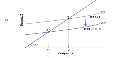 <p>(a) An increase in the interest rate decreases the demand for goods at any level of output, leading to a decrease in the equilibrium level of output.</p><p>→ An increase in the interest rate leads to a decrease in the demand and thus leads to a lower investment. The demand curve will shift down</p>