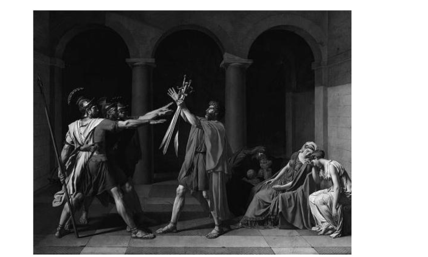 <p><span>His paintings, such as the Oath of the Horatii (1784), illustrated republican virtues.</span></p><ul><li><p>perfectly represented neoclassicism </p></li><li><p>Dramatic scene from ancient times that emphasizes republican virtues and drawing inspiration from classical antiquity </p></li></ul><p></p>