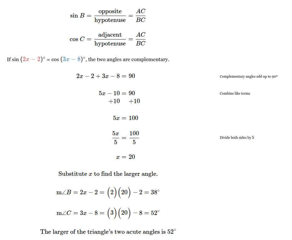 <p><span><span>The&nbsp;larger&nbsp;of&nbsp;the&nbsp;triangle’s&nbsp;two&nbsp;acute&nbsp;angles&nbsp;is&nbsp;52∘</span></span></p>