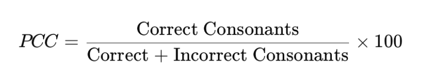 <ul><li><p>Percentage of Consonant Correct</p></li><li><p>Used to measure severity of the disorder</p></li><li><p>ICC (incorrect consonants)</p></li><li><p>CC (correct consonants)</p></li></ul><ul><li><p>Quantitative estimates of Severity using PCC&nbsp;</p><ul><li><p>&gt;85% mild </p></li><li><p>65-85% mild-moderate</p></li><li><p>50-65% moderate-severe&nbsp;</p></li><li><p>&lt;50% severe&nbsp;</p></li></ul></li><li><p>KNOW HOW TO CALCULATE!&nbsp;</p><ul><li><p>GIVE ICC and CC for each utterance, only one final score!&nbsp;</p></li></ul></li></ul><p></p>