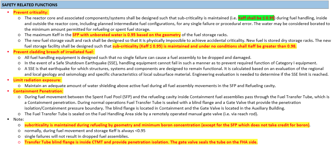 <p><strong>k<sub>eff</sub> ≤ 0.95</strong></p><p><strong>889 Assembly capacity (&gt;10 years worth)</strong></p><p><strong>8.75 ft PERSONNEL shielding during movement (10.CFR.20)</strong></p>