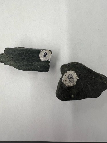 <ul><li><p>Greenish black (more green than amphibole)</p></li><li><p>2 planes of cleavage at 87 and 93 degrees </p></li><li><p>Hardness 5-6</p></li></ul>