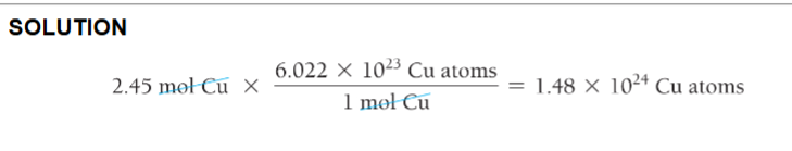 <p>2.45 mol Cu * (6.022 × 10<sup>23</sup> Cu atoms / 1 mol Cu) = 1.48 × 10<sup>24 </sup>Cu Atoms</p>